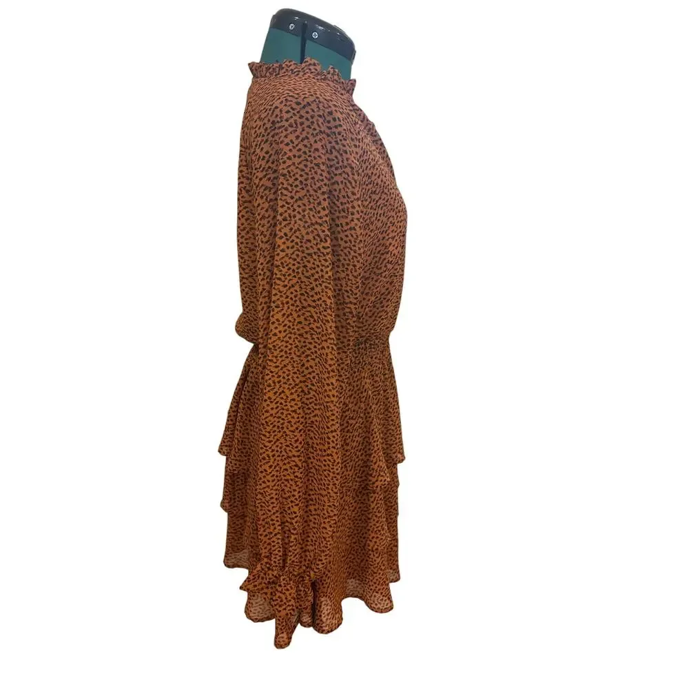 Glam Rust Leopard Print Ruffle Tiered Long Sleeve Mini Dress Smocked Waist L EUC